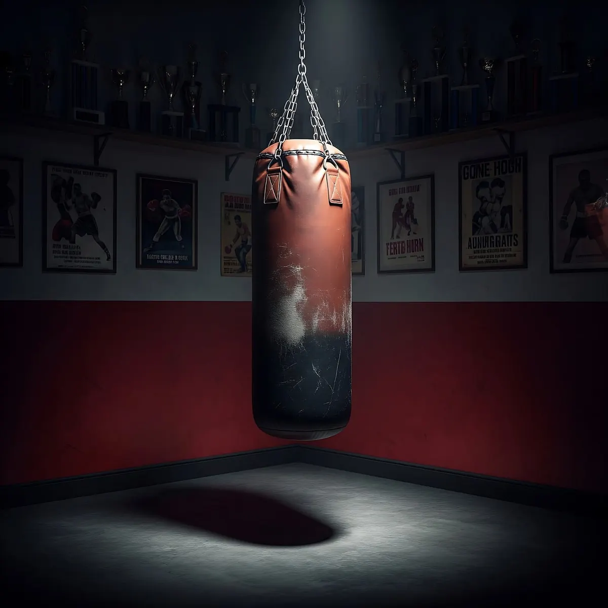 A heavy bag hanging in a red-walled boxing room